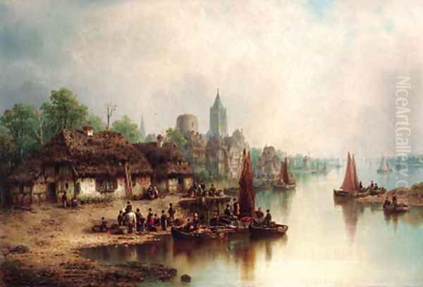 A bustling harbour town Oil Painting by Ludwig Hermann