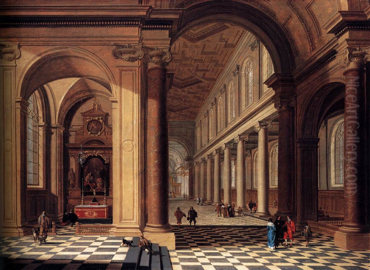 Interior of an Imaginary Catholic Church in Classical Style Oil Painting by Gerard Houckgeest