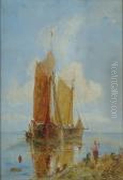 Fishing Boats Off The Coast Oil Painting by William Joseph Caesar Julius Bond