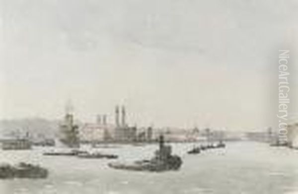 Shipping On The Thames Before Greenwich Hospital Oil Painting by Muirhead Bone