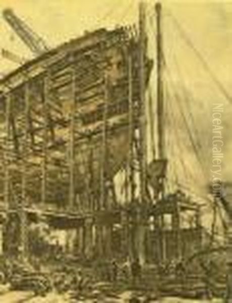 Queen Mary - Completing The Bow Section Oil Painting by Muirhead Bone