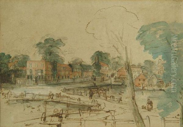 River Scene With Town, Pen, Ink And Coloured Washes Oil Painting by Muirhead Bone