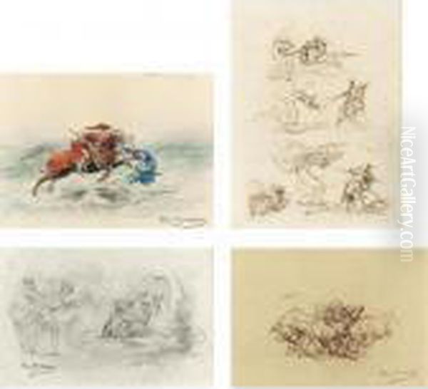 St. George Stabbing The Dragon, 
Studies Of St. George And Thedragon, A Knight And A Maiden, And Fighting
 Bulls Oil Painting by Rosa Bonheur