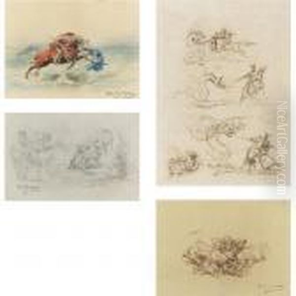 St. George Stabbing The Dragon, 
Studies Of St. George And The Dragon, A Knight And A Maiden, And 
Fighting Bulls (four Works) Oil Painting by Rosa Bonheur