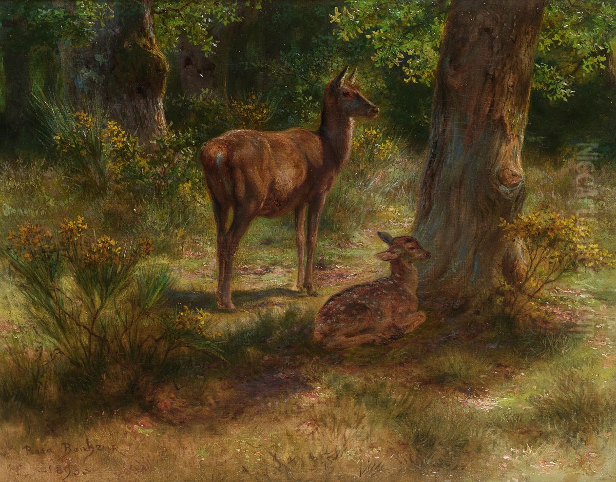 Deer And Fawn In A Wood Oil Painting by Rosa Bonheur