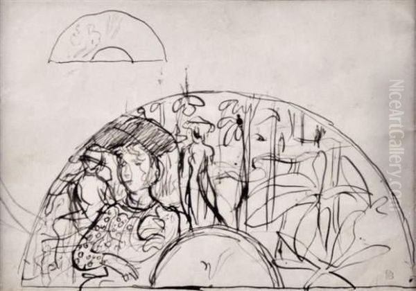 Projet D'eventail : Femme Et Fleurs - Et, Au Verso, Fillettes. Oil Painting by Pierre Bonnard