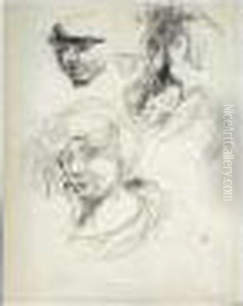 Tete De Marthe, Reprise Du 
Visage, Et Croquis Sans Ombrelle Des Tetes Presumees De Misia Natanson 
Et Serge Draghilev Oil Painting by Pierre Bonnard