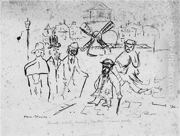 L'artistes Roussel, Vuillard, 
Toulouse-lautrec, Denis Et Bonnard Dans Le Place Blanche Au Fond Du 
Moulin Rouge Oil Painting by Pierre Bonnard