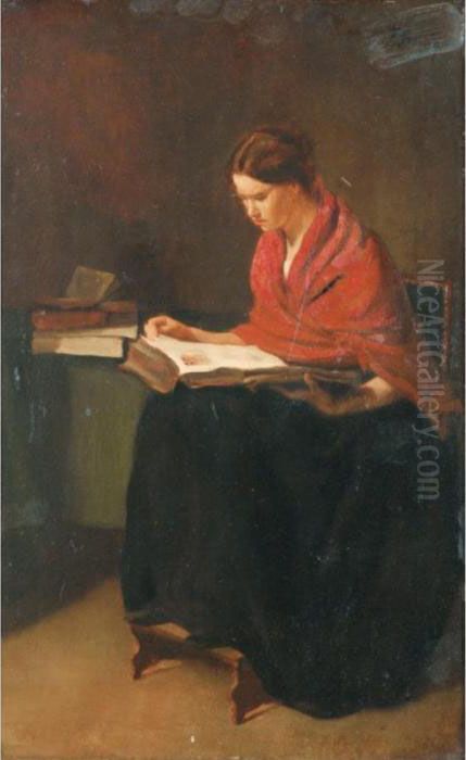 Femme Au Chale Rouge Lisant [ ; 
Woman With Red Shawl Reading ; Oil On Panel ; Signed Upper Right F 
Bonvin] Oil Painting by Francois Bonvin