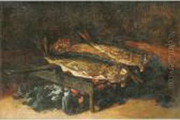 Nature Morte A La Grillade De 
Poissons [ ; Still Life With Grilled Fish ; Oil On Panel ; Signed, Dated
 Lower Right F Bonvin 1866] Oil Painting by Francois Bonvin