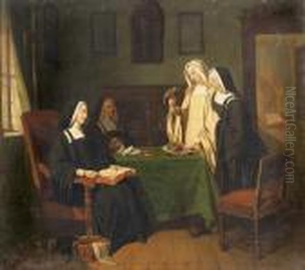 Novizin Mit Papagei. Oil Painting by Francois Bonvin