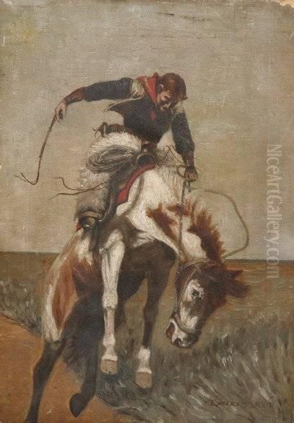 Cowboy With Lasso On Horse,
 Signed Lower Right Oil Painting by John Edward Borein