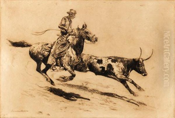Cowboy Chasing A Longhorn Steer
Signed 'edward Borein' (lower Right) Oil Painting by John Edward Borein