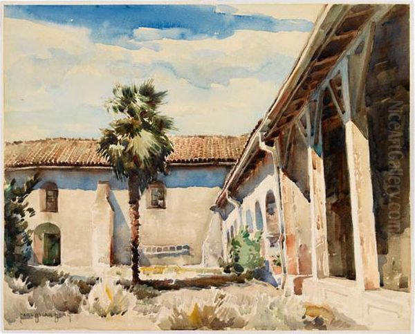 Mission At Santa Ynez, California. Oil Painting by Carl Oscar Borg