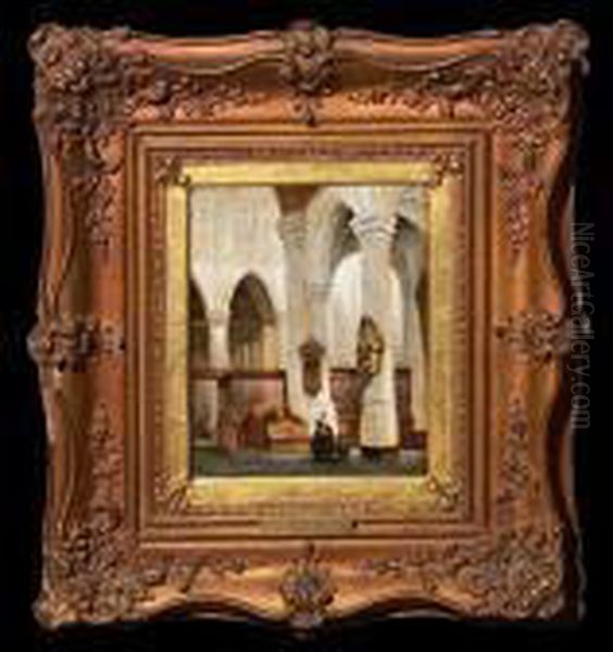 Church Interior With A Mother And Child. Signed Monogram Oil Painting by Johannes Bosboom