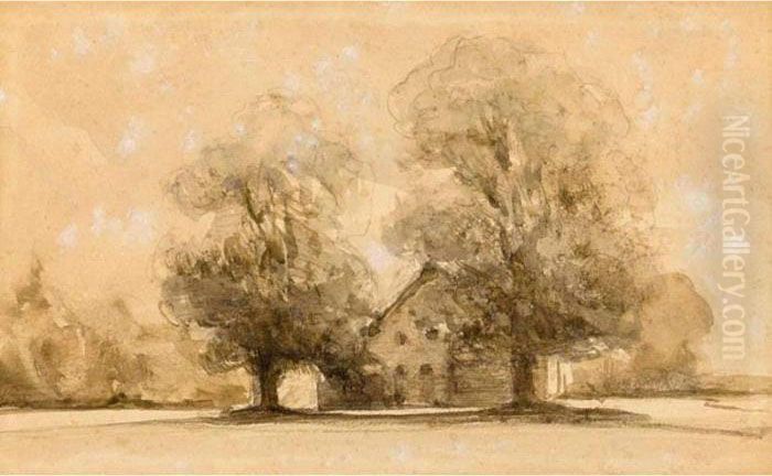 Unloading The Catch; House In A Landscape Oil Painting by Johannes Bosboom