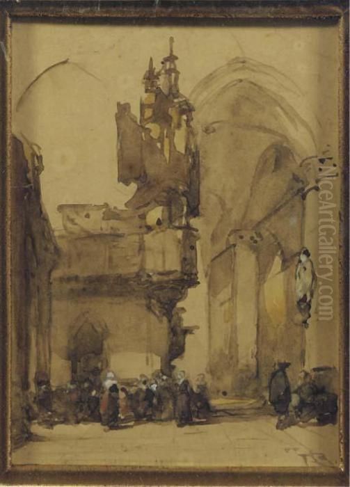 Figures In The Nieuwe Kerk, Amsterdam Oil Painting by Johannes Bosboom