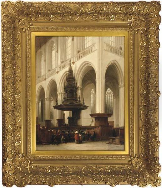 Figures At A Church Service In The Iieuwe Kerk, Amsterdam Oil Painting by Johannes Bosboom