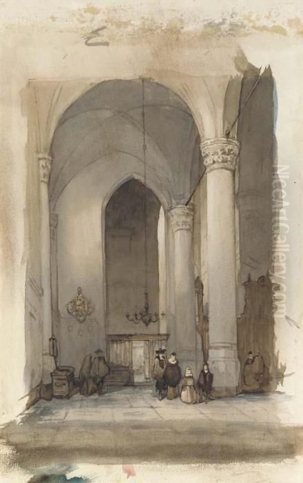 Figures In A Dutch Church Interior Oil Painting by Johannes Bosboom