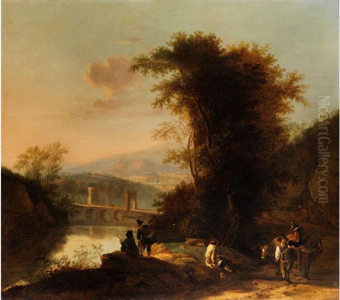 Sudliche Ideallandschaft Mit 
Wanderern, Ziehenden Bauern Und Einer Brucke Uber Einen Flusslauf Oil Painting by Jan Both