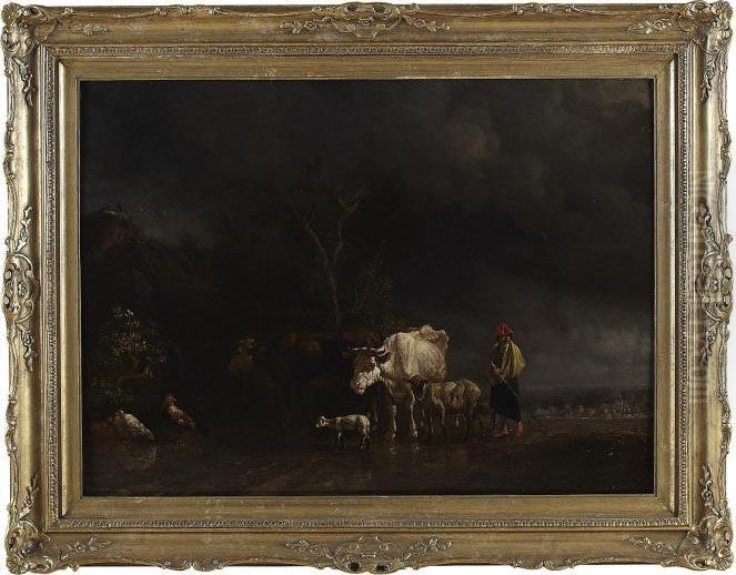 A Wooded Landscape With Shepherd Boy And Animals Oil Painting by Jan Both