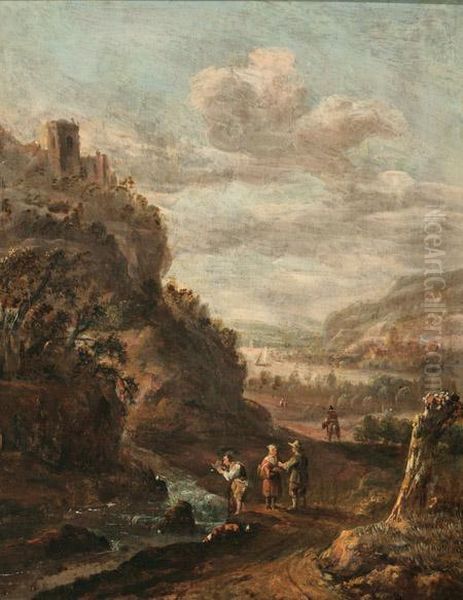 Classical Landscape With Figures, Castle And Lake Oil Painting by Jan Both