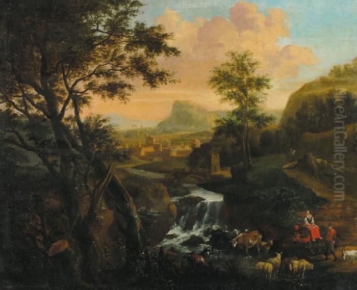 Mountain Landscapewith 
Travellers And Cattle Near A Fast Flowing Stream. A Town Atthe Horizon Oil Painting by Jan Both
