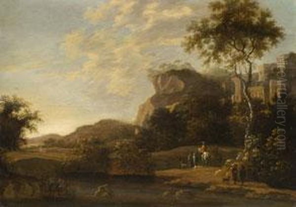 Ideallandschaft Mit Burgruine
 Auf Einem Felsen Und Reitern Oil Painting by Jan Both