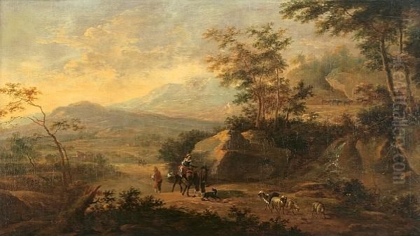 An Extensive Italianate 
Landscape Withtravelers On A Path And A Waterfall In The Foreground Oil Painting by Jan Both