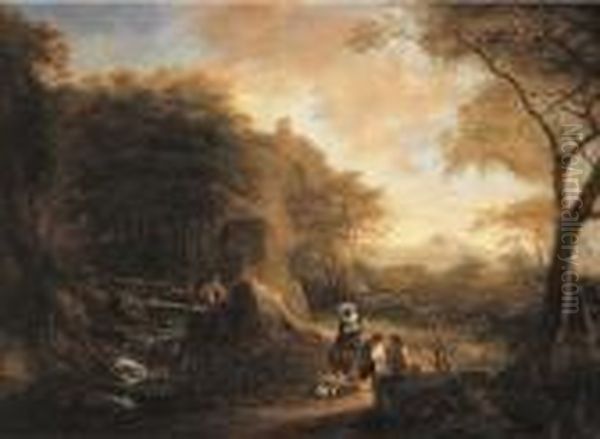 An Italianate Landscape With An 
Elegant Lady Travelling On A Pathat The Edge Of A Wood, Other Travellers
 On A Bridge Beyond Oil Painting by Jan Both