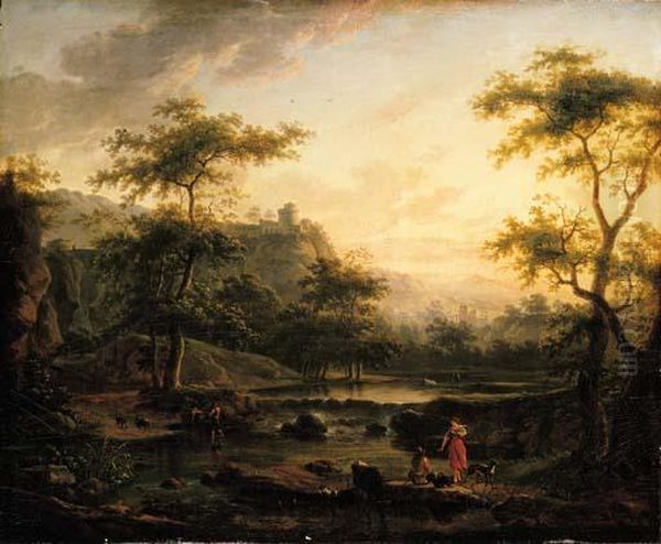 A River Landscape With A 
Washerwoman And A Herder Resting, Two Men On A Boat, A City And 
Mountains Beyond Oil Painting by Jan Both