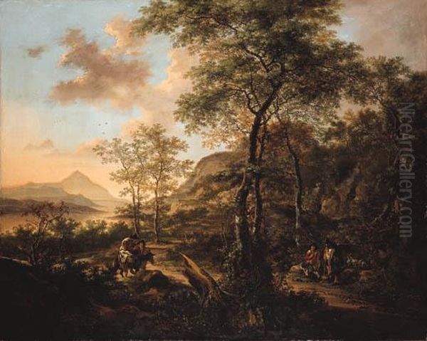 An Italianate Evening Landscape 
With A Muleteer And Goatherds On A Wooded Path, A River And Mountains 
Beyond Oil Painting by Jan Both