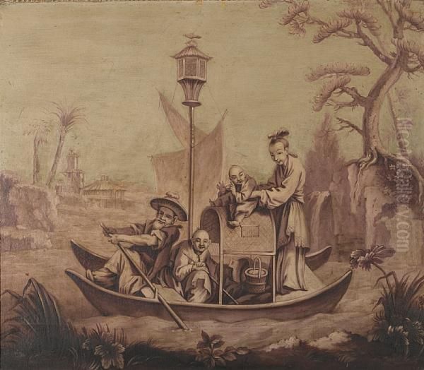 Oriental Figures In A Garden Oil Painting by Francois Boucher