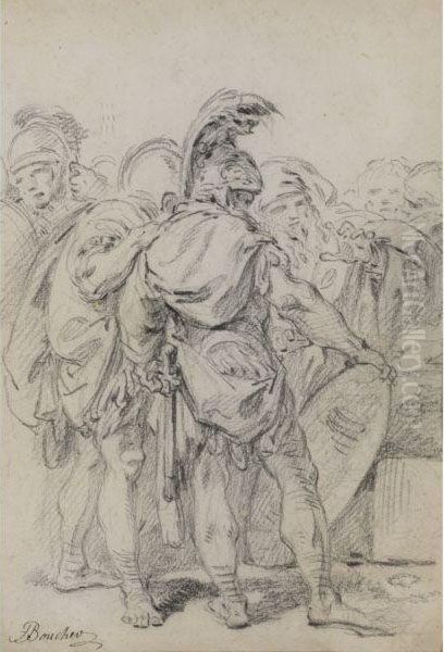 A Group Of Classically Dressed Soldiers With An Old Woman Oil Painting by Francois Boucher