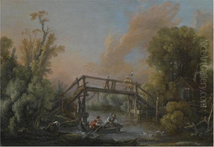 A River Landscape With A Woman 
Crossing A Bridge And Three Men In A Boat On The River Below Oil Painting by Francois Boucher