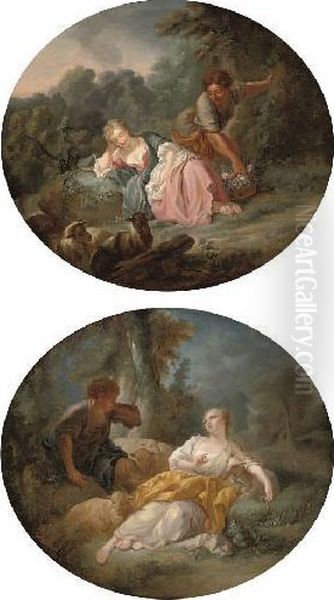 A Shepherd Courting A 
Shepherdess; And A Shepherd And A Sleeping Shepherdess In A Landscape Oil Painting by Francois Boucher