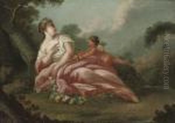 A Wooded Landscape With A Putto 
Adorning A Reclining Female Figure With A Garland Of Flowers Oil Painting by Francois Boucher