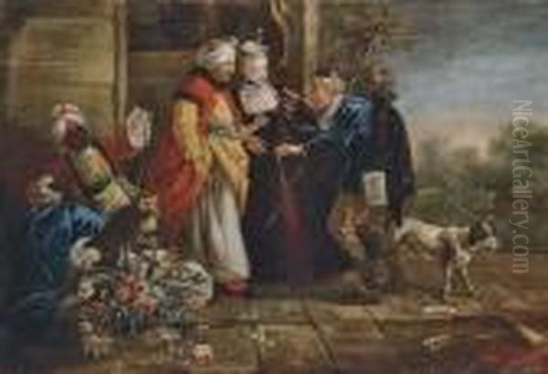 A Turkish Gentleman And A Lady 
Refusing Hospitality To A Traveller And His Dog, With A Young African 
Boy Holding A Monkey On A Lead Oil Painting by Francois Boucher