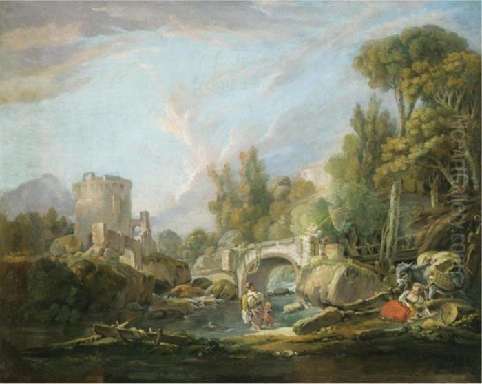 A Pastoral Landscape With 
Travellers Resting And Paddling In A Stream Before A Bridge, A Ruin 
Beyond Oil Painting by Francois Boucher