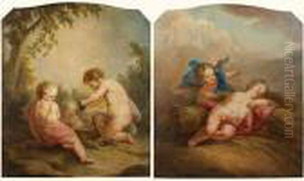 Suite De Quatre Dessus De Portes Representant Putti Et Angelots
 Symbolisant Les Quatre Saisons Sur Fond De Paysage. Oil Painting by Francois Boucher
