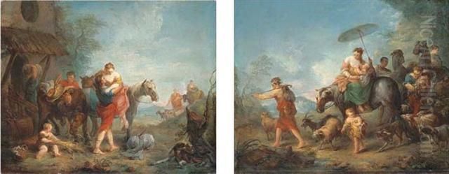 A Mountainous Landscape With 
Travellers Unloading By A House; And An Extensive Landscape With 
Travellers And Herdsmen On A Path Oil Painting by Francois Boucher
