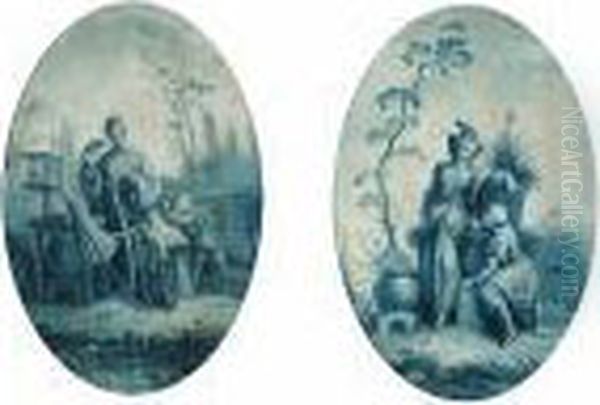 An Elegant Lady With A Small 
Child And A Pet Bird In A Landscape; Also Three Companion Paintings (a 
Group Of Four) Oil Painting by Francois Boucher