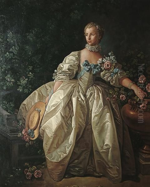 Portrait Of Madame Bergeret, 
Standing In A White Dress With Blue Bows And Holding A Straw Hat Oil Painting by Francois Boucher