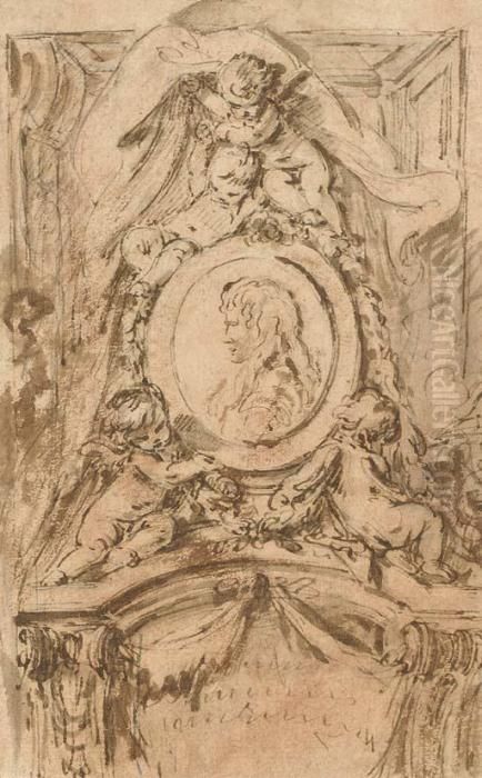 Un Projet De Monument Avec Deux 
Putti Soutenant Un Medaillon Avec Le Profil D'un Guerrier Sous Deux 
Putti Tenant Une Draperie Oil Painting by Francois Boucher