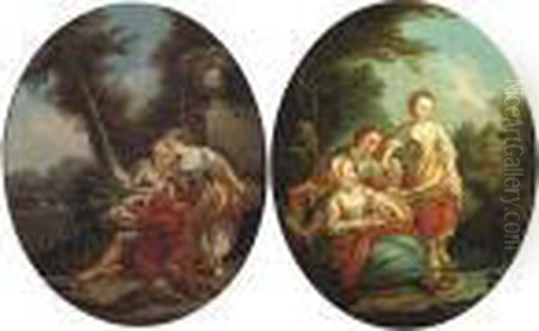 A Young Boy And Two 
Shepherdesses Fishing; A Young Boy And Twoshepherdesses Catching Birds Oil Painting by Francois Boucher