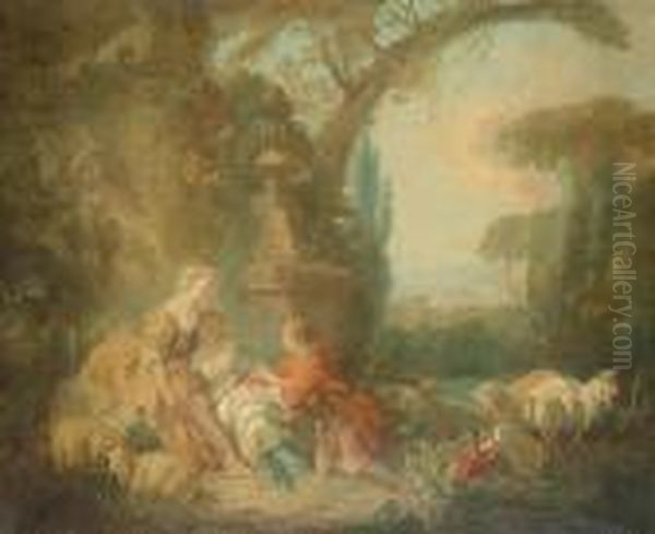An Elegant Young Man Courting Two Shepherdesses In A Landscape Oil Painting by Francois Boucher