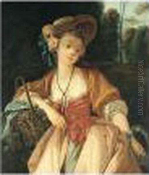 A Young Girl Wearing A Straw 
Hat, Carrying A Garland And A Basket Of Grapes, In A Landscape Oil Painting by Francois Boucher