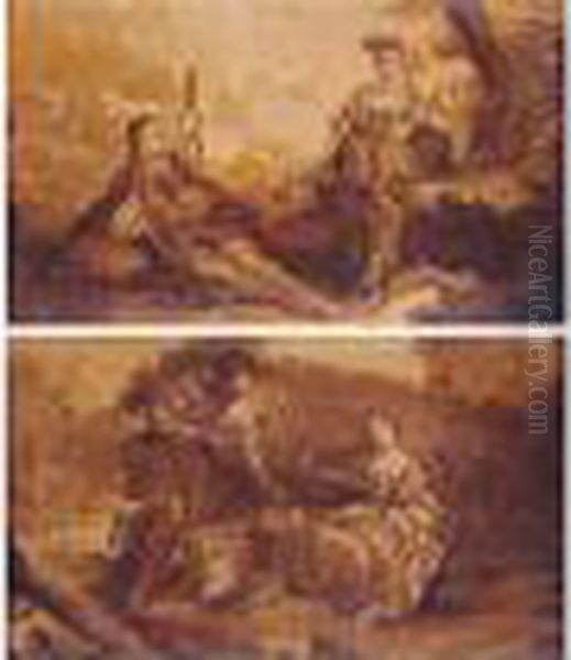 A Pastoral Scene With A Young 
Man Playing The Pipes, And A Young Girl Carrying A Basket Of Flowers; A 
Pastoral Scene With A Young Man Leaving A Basket Of Flowers For A 
Sleeping Girl Oil Painting by Francois Boucher