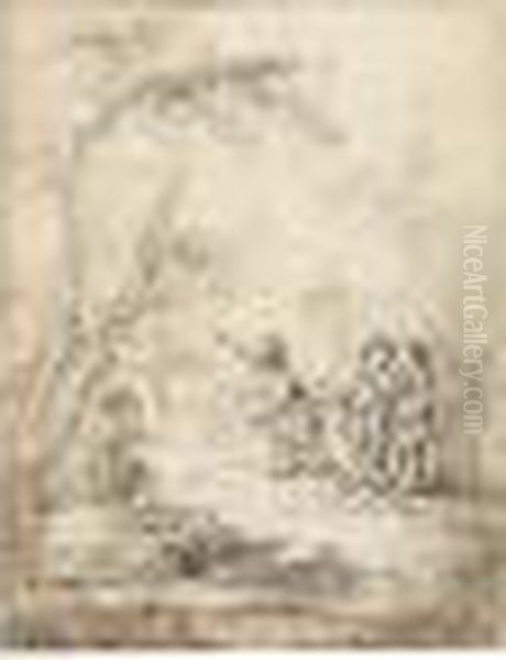 Children Playing With Swords In A
 Garden, One Aiming Blindfold For A Goose Hung From A Tree Oil Painting by Francois Boucher