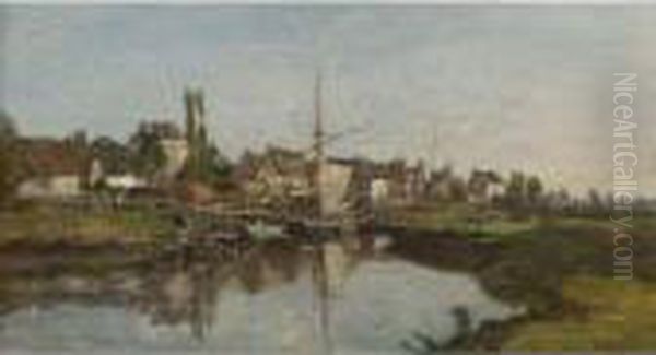 Village Normand Au Bord De La Riviere Oil Painting by Eugene Boudin